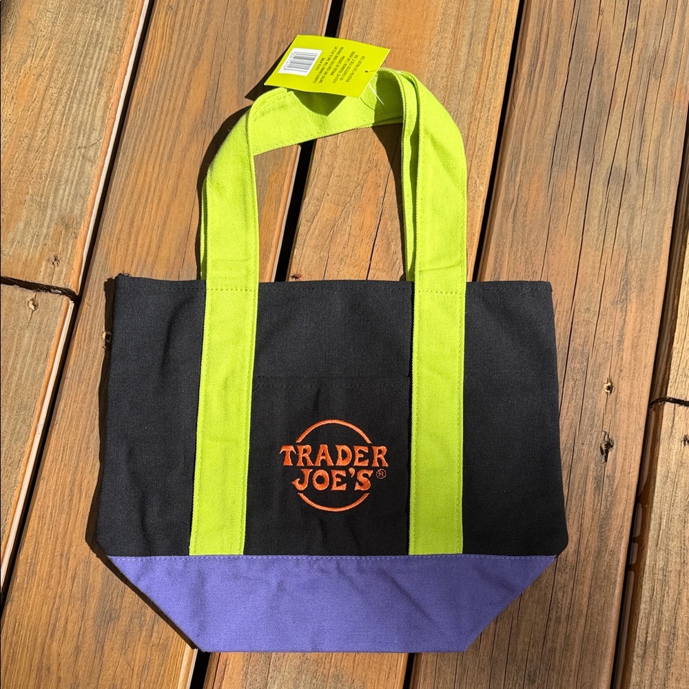 Trader Joe’s Mini Black Canvas Tote with Lime Handles and Purple Base